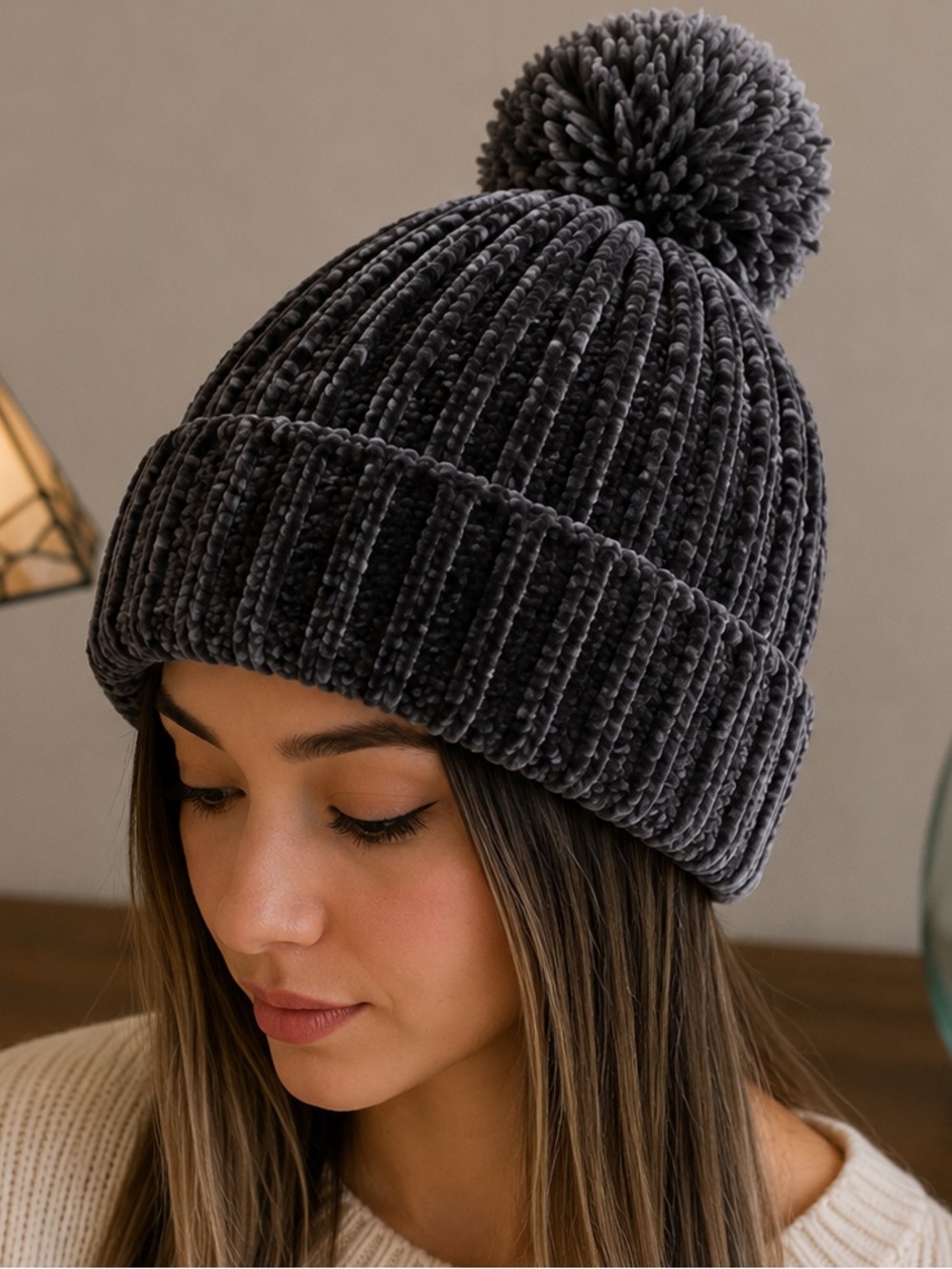 Pull&Bear Plush Ribbed Beanie in Gray